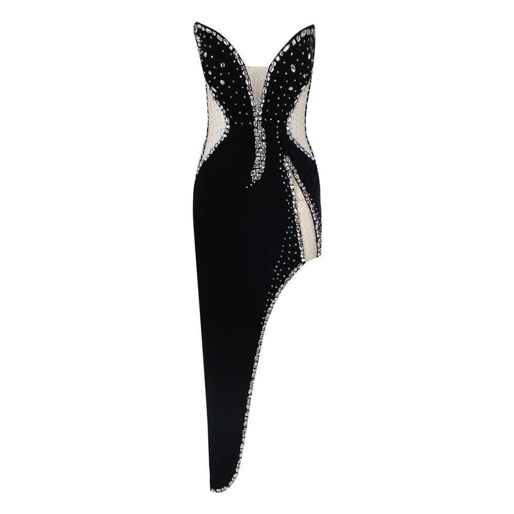Spring Mid Length Sexy Dress Velvet Sexy High Split Beaded Heavy Industry by Ragazza
