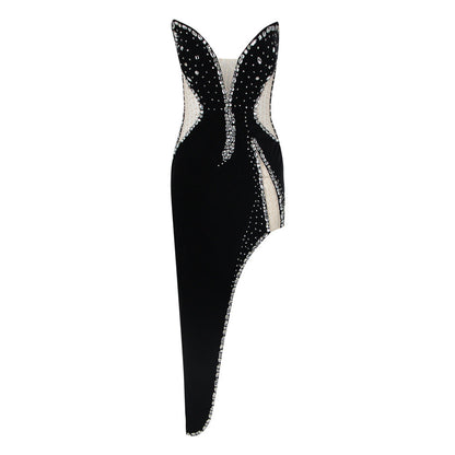 Spring Mid Length Sexy Dress Velvet Sexy High Split Beaded Heavy Industry by Ragazza