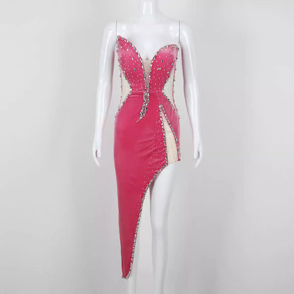 Spring Mid Length Sexy Dress Velvet Sexy High Split Beaded Heavy Industry by Ragazza