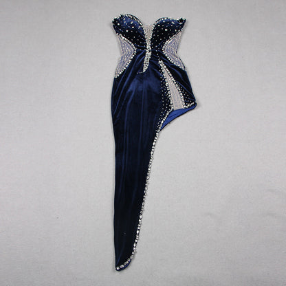 Spring Mid Length Sexy Dress Velvet Sexy High Split Beaded Heavy Industry by Ragazza