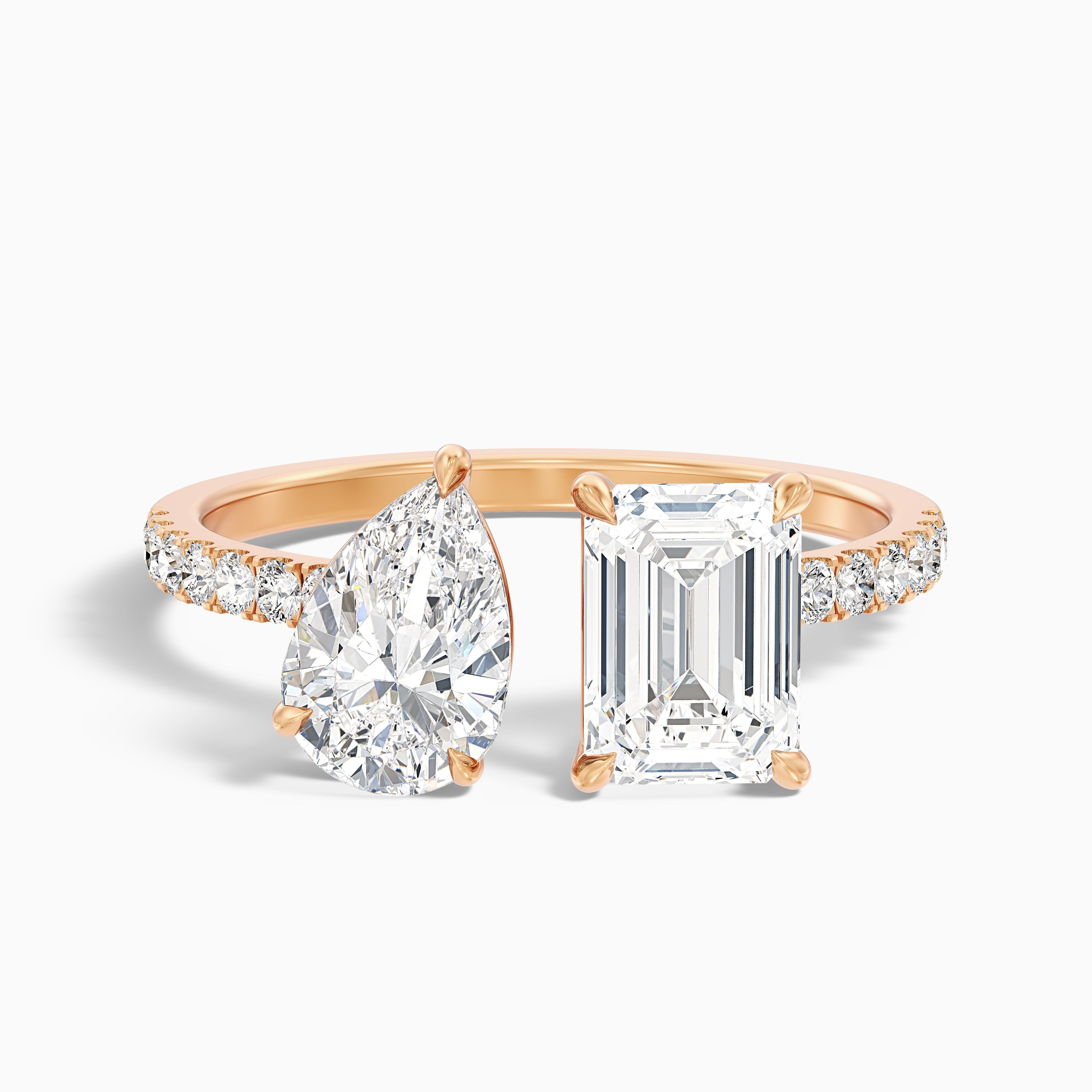 Katie Toi Et Moi Ring in 18k Rose Gold With Pear and Emerald Two Stone Moissanite Diamond (1 Ct. Tw.)  DestGlow