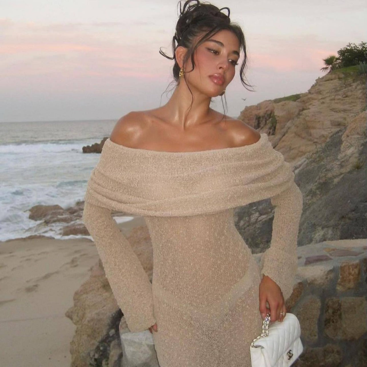 Beach Vacation Sexy Dress Knitted Hollow Out Cutout Out Off Neck Maxi Dress Blouse Summer Women&