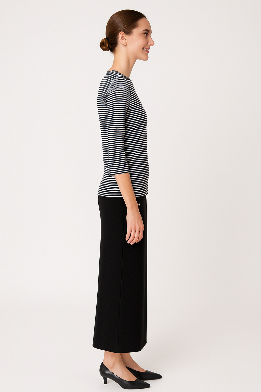 High Neck Fitted Tee - Lightweight Ribbed Top with Three Quarter Sleeves by Kosher Casual USA
