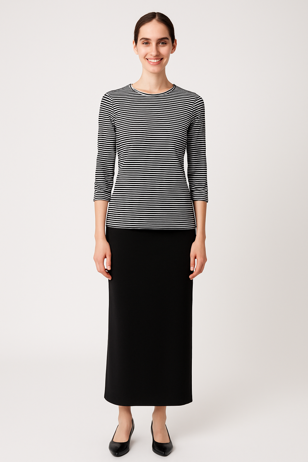 High Neck Fitted Tee - Lightweight Ribbed Top with Three Quarter Sleeves by Kosher Casual USA
