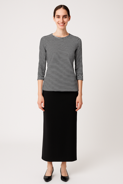 High Neck Fitted Tee - Lightweight Ribbed Top with Three Quarter Sleeves by Kosher Casual USA