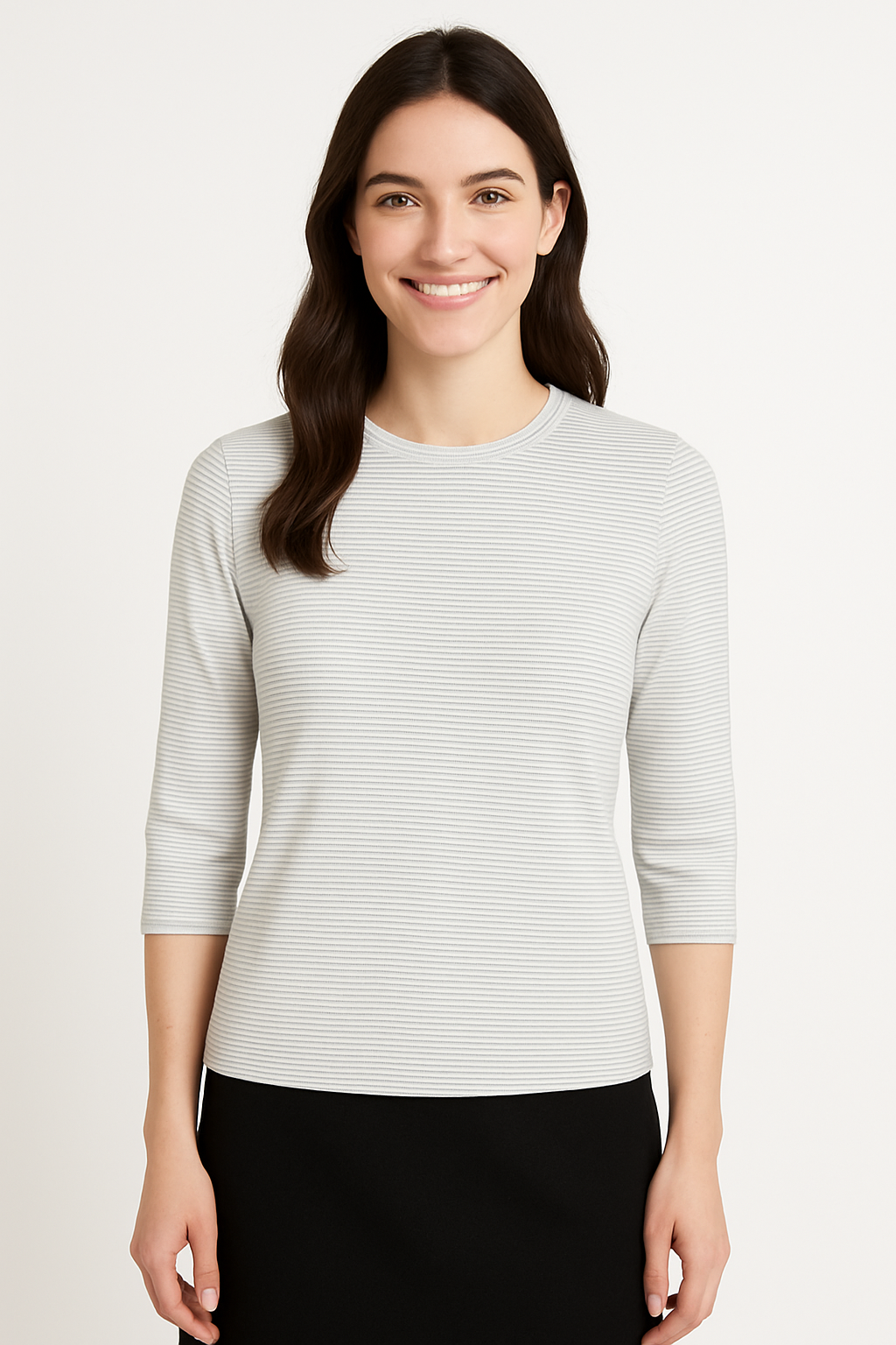 High Neck Fitted Tee - Lightweight Ribbed Top with Three Quarter Sleeves by Kosher Casual USA