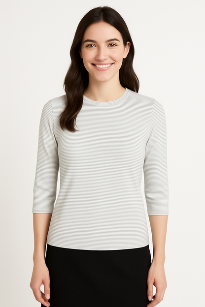 High Neck Fitted Tee - Lightweight Ribbed Top with Three Quarter Sleeves by Kosher Casual USA