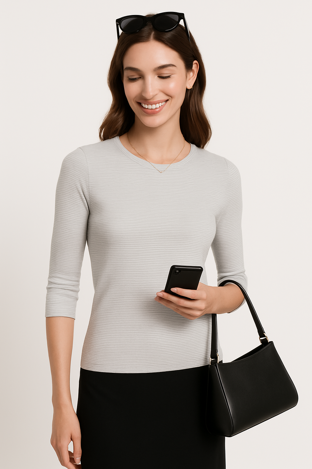 High Neck Fitted Tee - Lightweight Ribbed Top with Three Quarter Sleeves by Kosher Casual USA