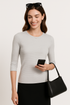 High Neck Fitted Tee - Lightweight Ribbed Top with Three Quarter Sleeves by Kosher Casual USA