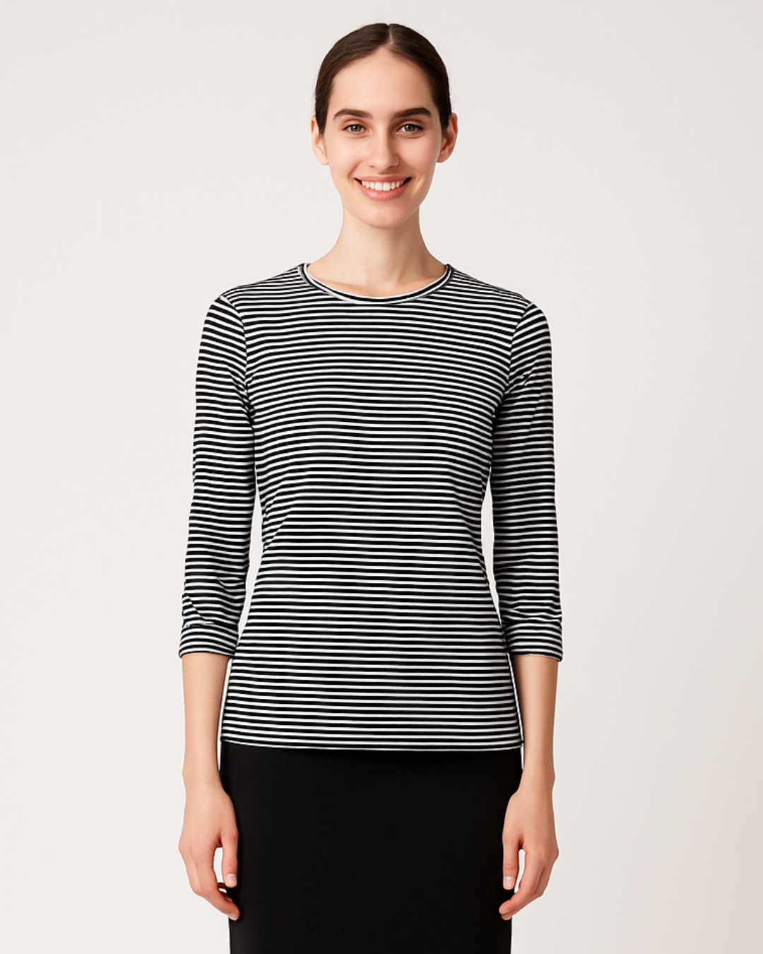 High Neck Fitted Tee - Lightweight Ribbed Top with Three Quarter Sleeves by Kosher Casual USA