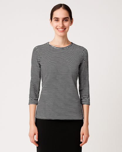 High Neck Fitted Tee - Lightweight Ribbed Top with Three Quarter Sleeves by Kosher Casual USA