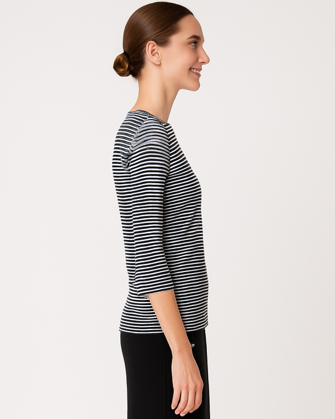 High Neck Fitted Tee - Lightweight Ribbed Top with Three Quarter Sleeves by Kosher Casual USA