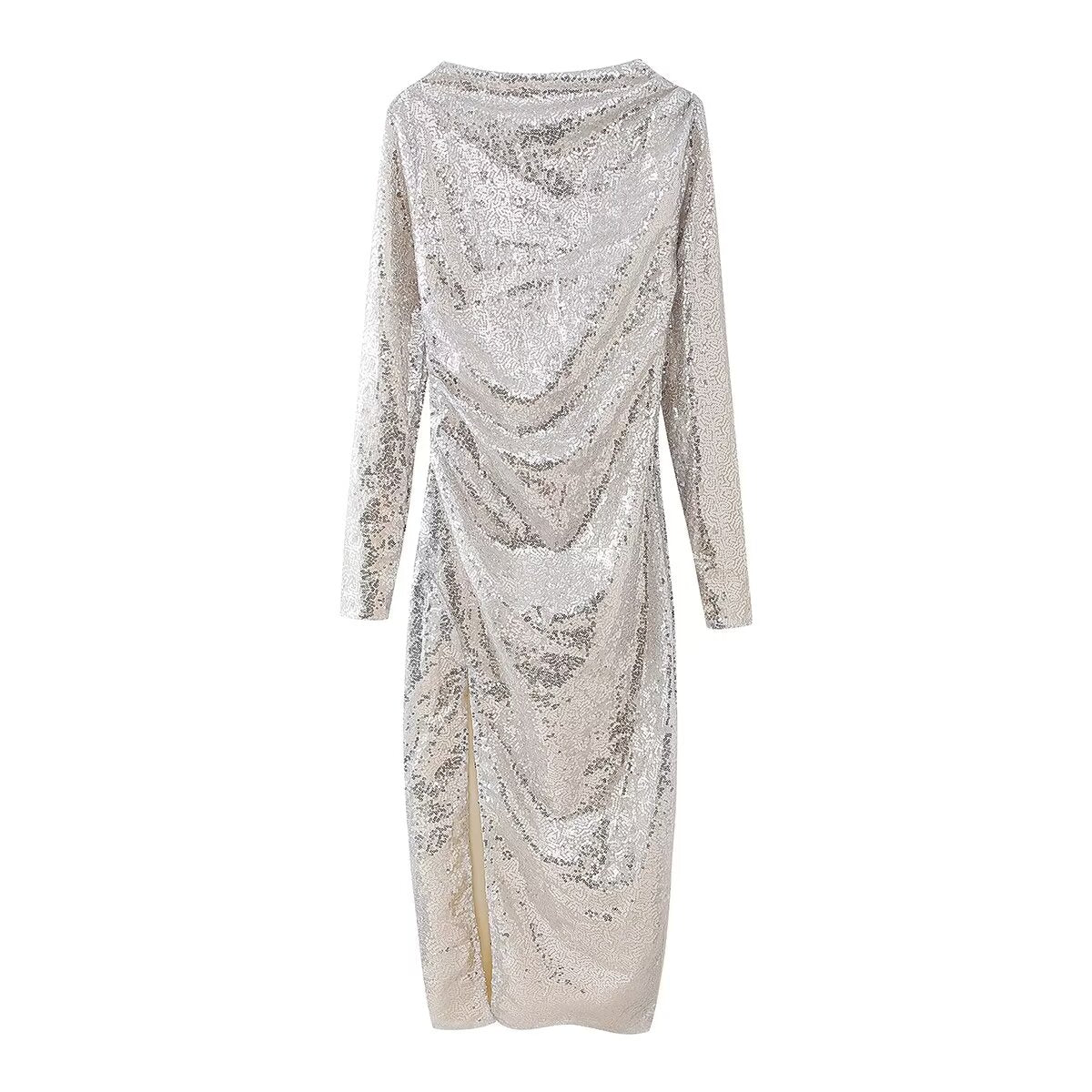 Women Clothing French Sexy Slim Fit Slit Beads Decoration Long Sleeve Casual Maxi Dress by Ragazza