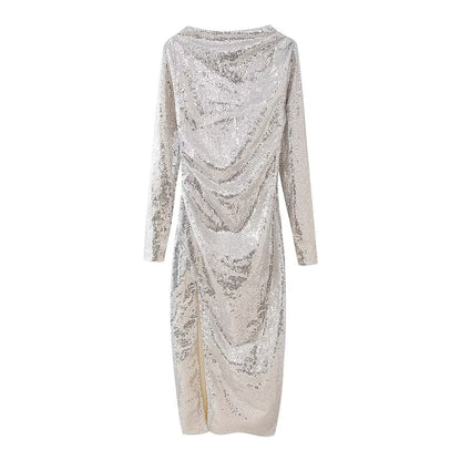 Women Clothing French Sexy Slim Fit Slit Beads Decoration Long Sleeve Casual Maxi Dress by Ragazza
