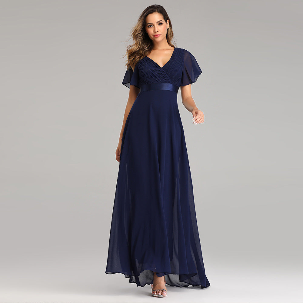 Hand-Folded Large V-neck Dress Chiffon Elastic Banquet Bridesmaid Evening Dress for Women by Ragazza