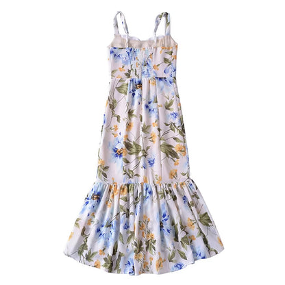 Women French Retro V Neck Slim Fit Printed Fishtail Dress Seaside Vacation  DestGlow