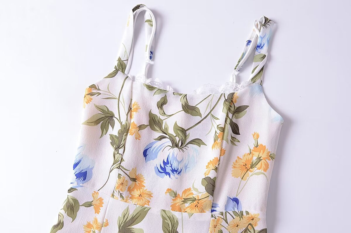 Women French Retro V Neck Slim Fit Printed Fishtail Dress Seaside Vacation  DestGlow