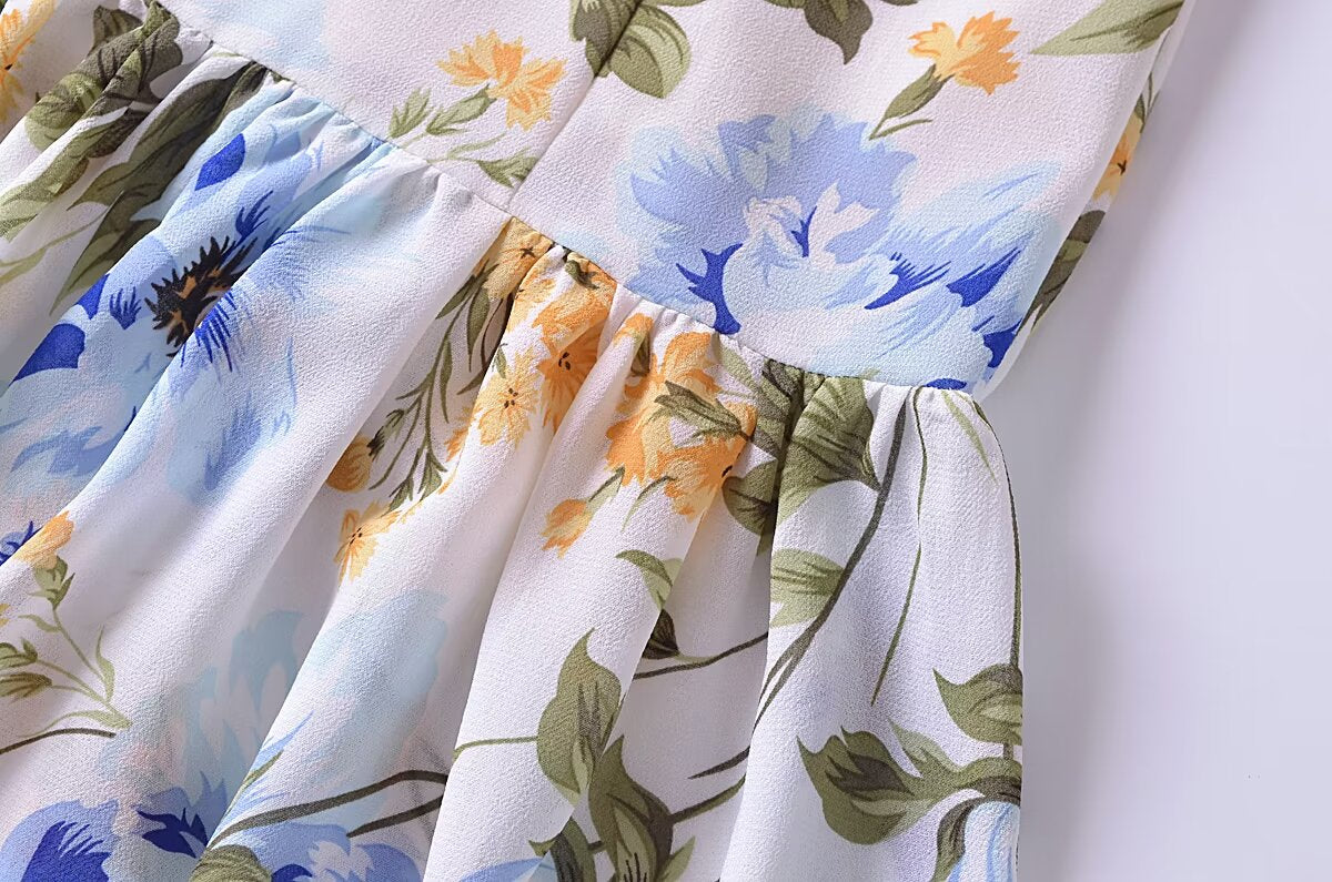 Women French Retro V Neck Slim Fit Printed Fishtail Dress Seaside Vacation  DestGlow