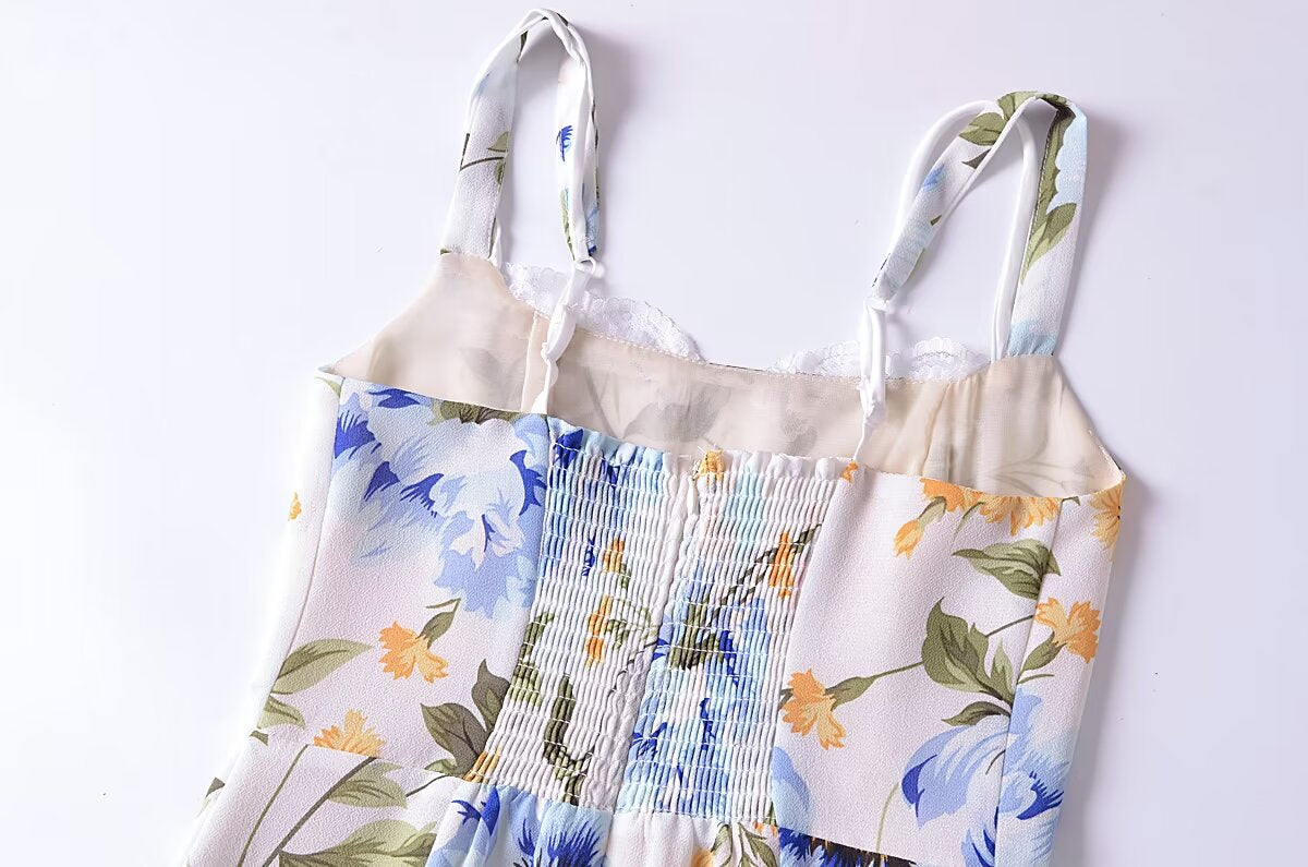 Women French Retro V Neck Slim Fit Printed Fishtail Dress Seaside Vacation  DestGlow
