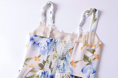 Women French Retro V Neck Slim Fit Printed Fishtail Dress Seaside Vacation  DestGlow