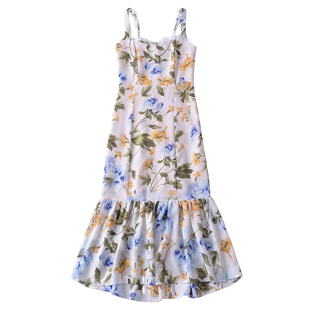 Women French Retro V Neck Slim Fit Printed Fishtail Dress Seaside Vacation  DestGlow