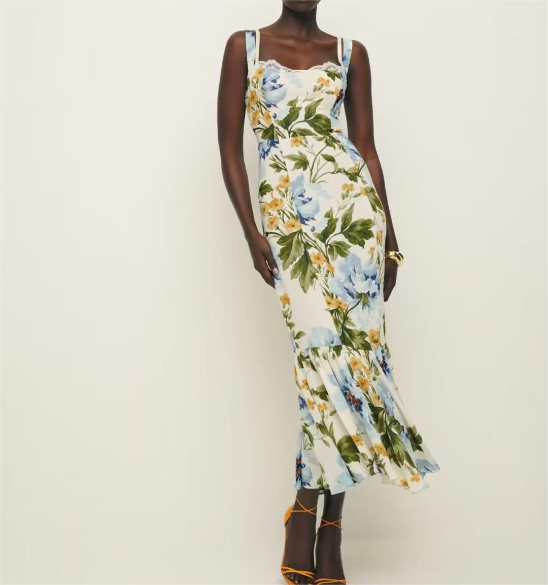 Women French Retro V Neck Slim Fit Printed Fishtail Dress Seaside Vacation  DestGlow