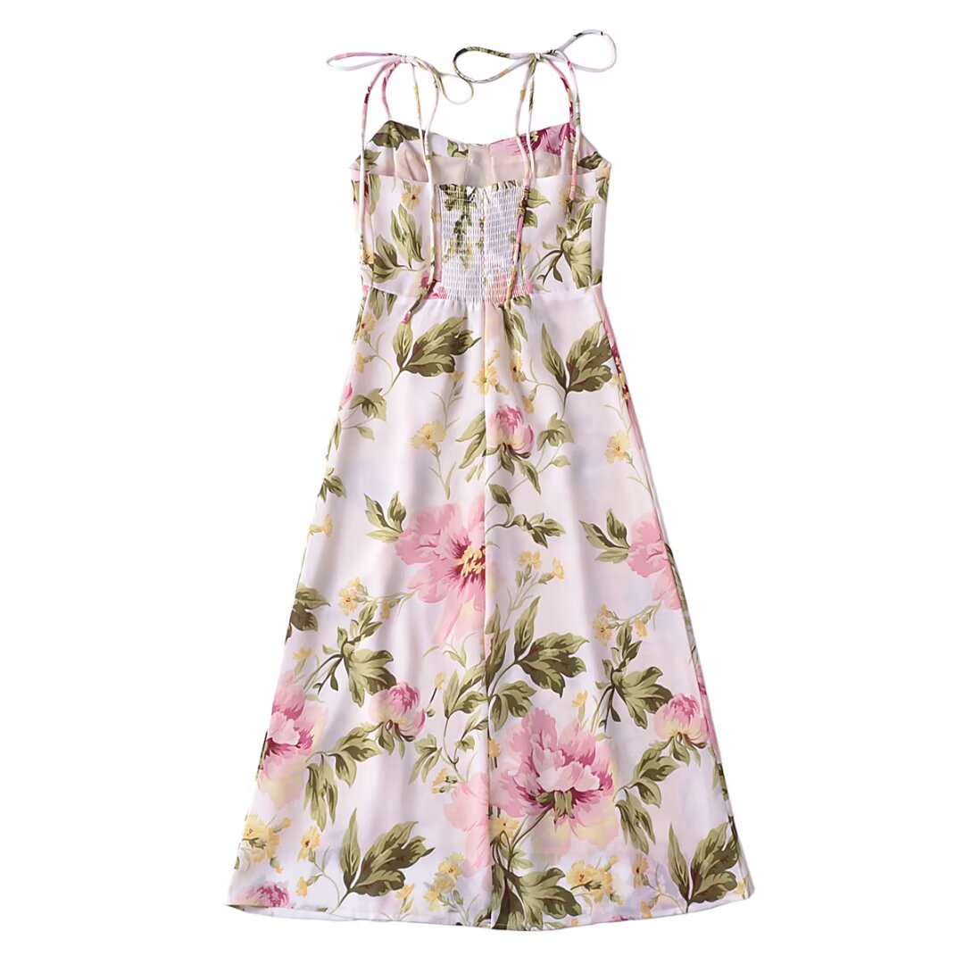 French Retro V Neck Double Shoulder Lace Up Dress Women Design Side Slit Slim Fit Printed Mid Length Vacation Dress  DestGlow