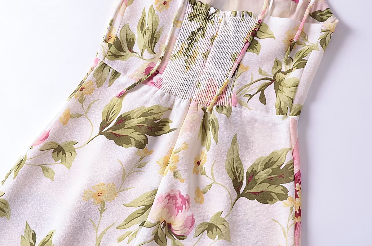 French Retro V Neck Double Shoulder Lace Up Dress Women Design Side Slit Slim Fit Printed Mid Length Vacation Dress  DestGlow