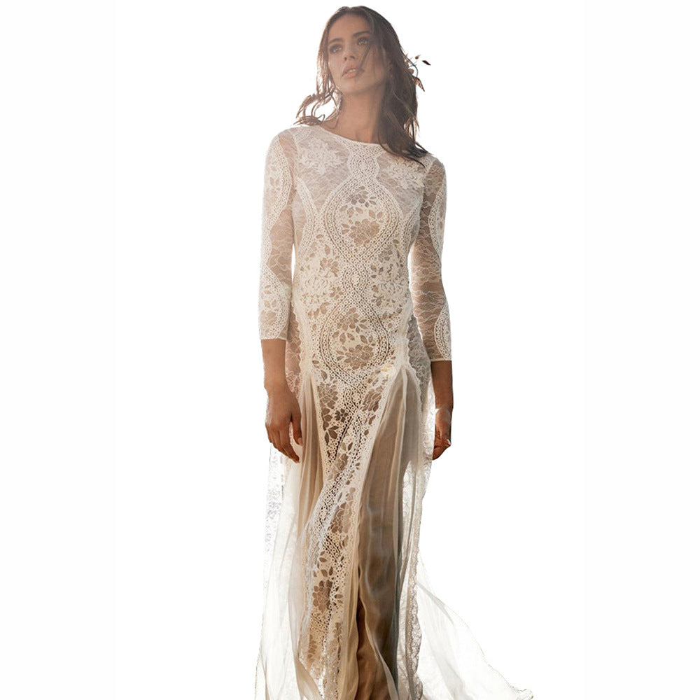 Spring Women Clothing Dress round Neck Long Sleeve Hollow Out Cutout Backless Lace Ladies Cocktail Wedding Dress by Ragazza