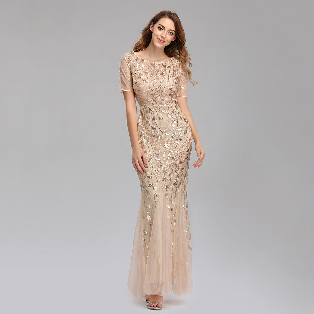 Summer Autumn Banquet Host Slim Mesh Sequ Evening Dress Fishtail Dress for Women by Ragazza