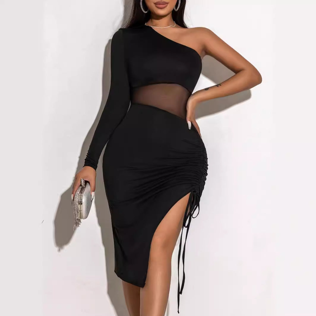 Summer Drawstring See Through Tight Dress Shoulder Long Sleeve Lace Mesh Body Shaping Dress by Ragazza