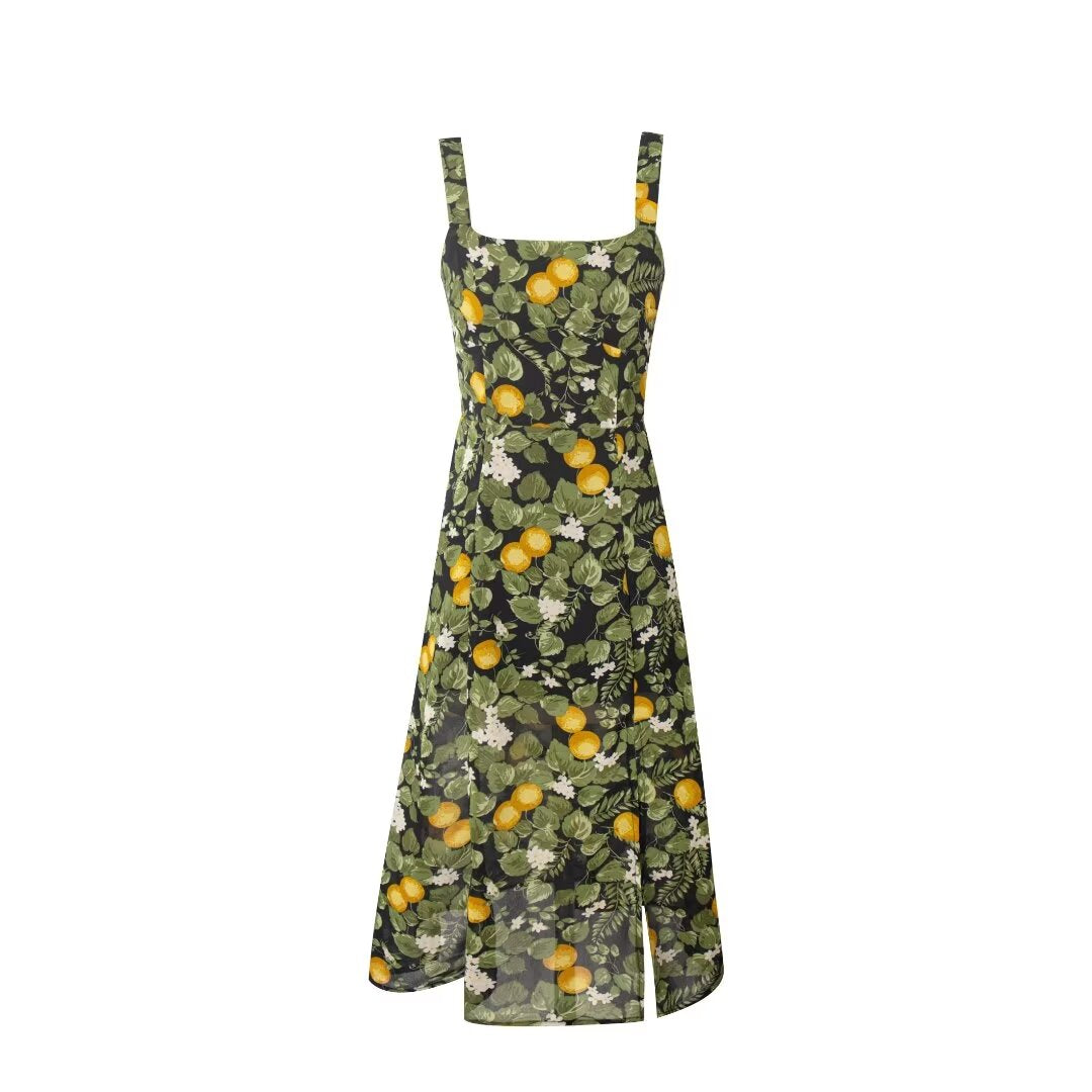 Summer Legal Women Clothing Sling Square Collar Fruit Printed Split Holiday Dress by Ragazza