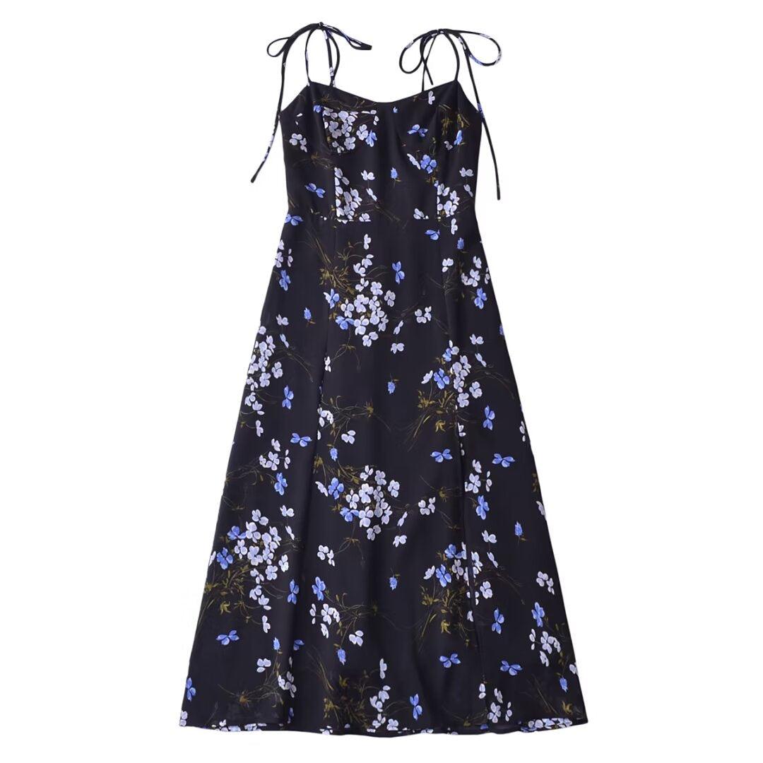 Spring Women Floral Print Vacation Sexy Slit Tied Spaghetti Strap Dress by Ragazza