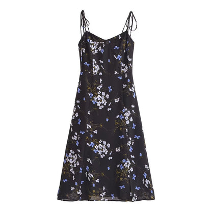 Spring Women Floral Print Vacation Sexy Slit Tied Spaghetti Strap Dress by Ragazza