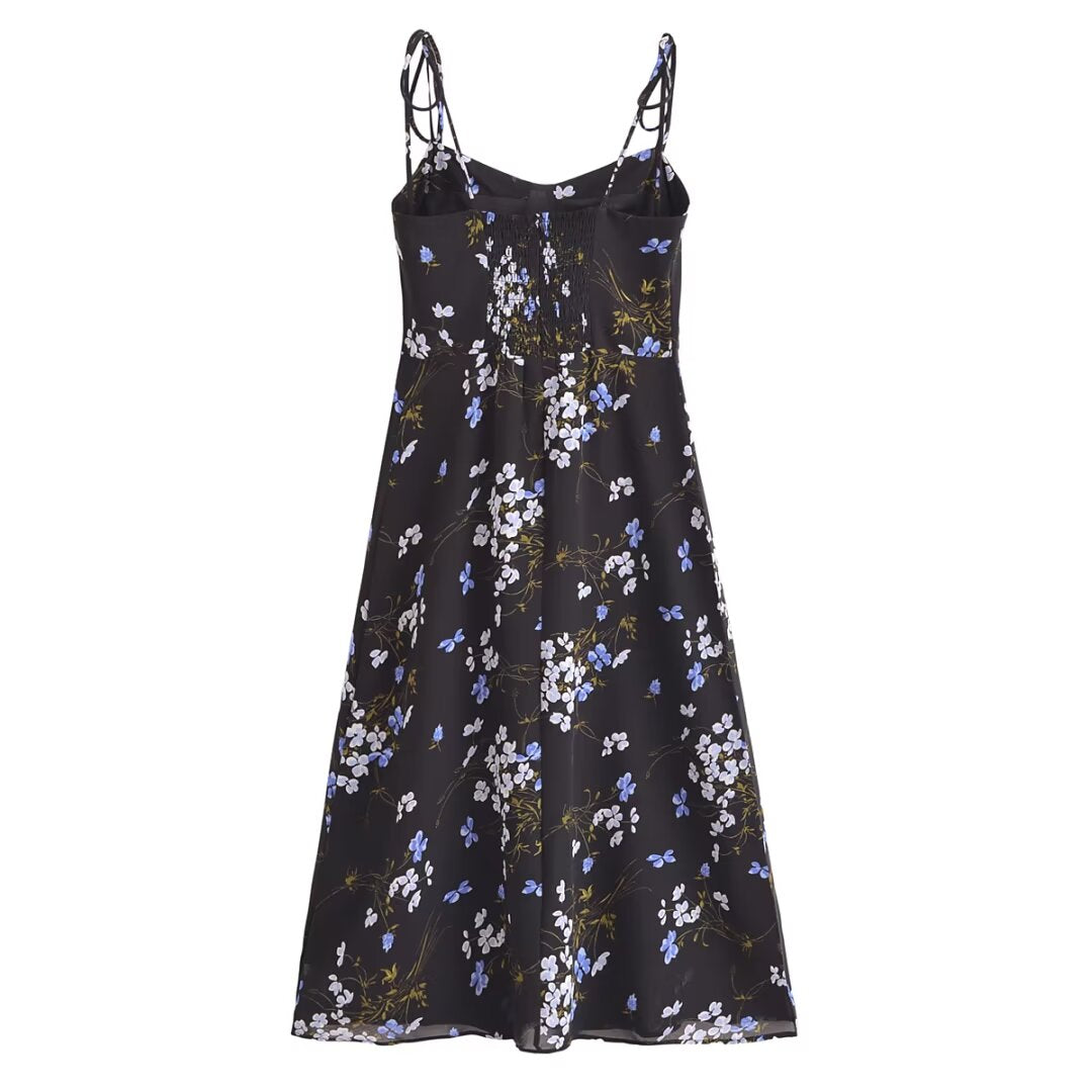 Spring Women Floral Print Vacation Sexy Slit Tied Spaghetti Strap Dress by Ragazza