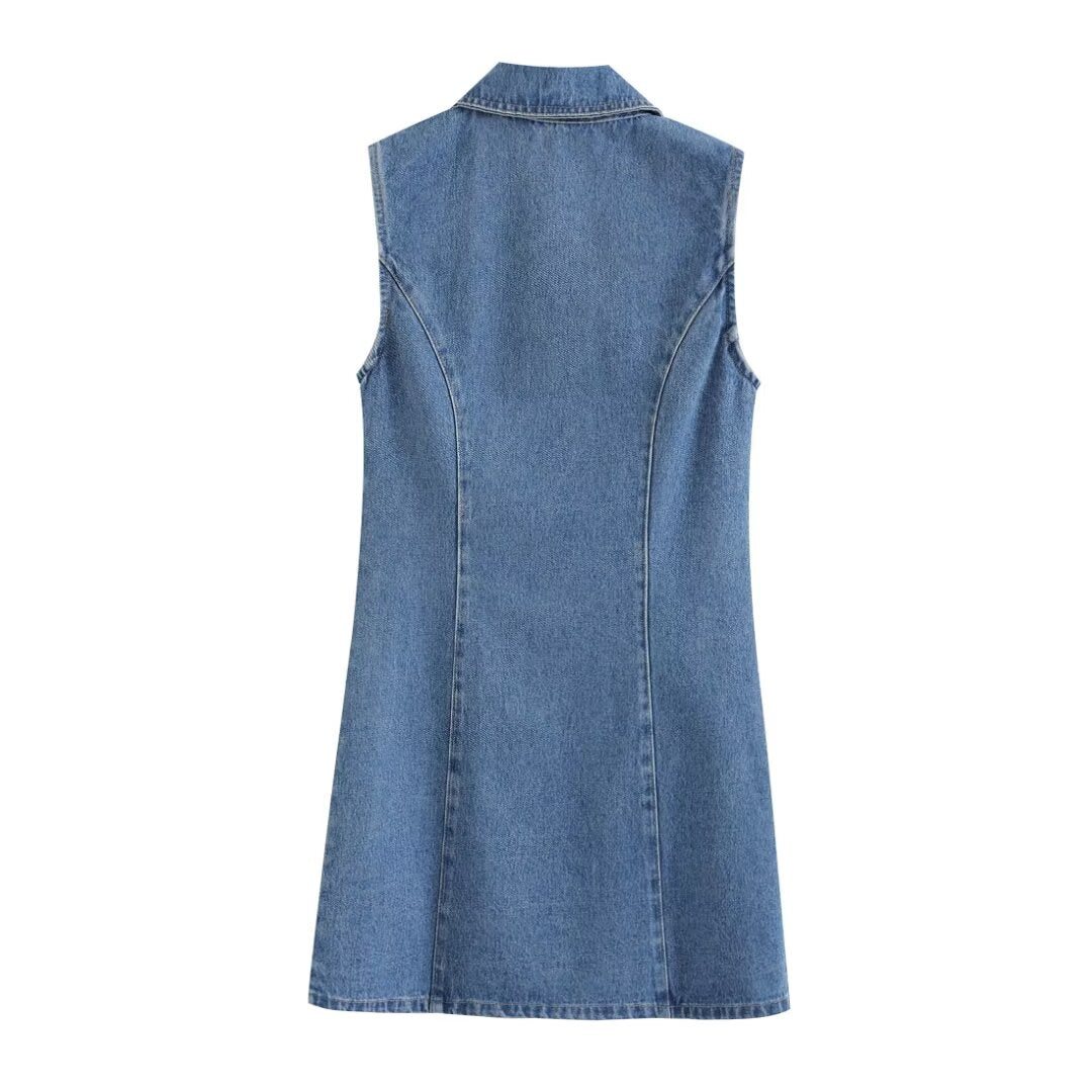 Women Summer Lapels Sleeveless Slim Fit Denim Dress Sexy Short Dress by Ragazza