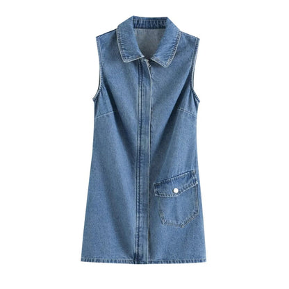 Women Summer Lapels Sleeveless Slim Fit Denim Dress Sexy Short Dress by Ragazza