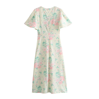 Spring Women Clothing V Neck Short Sleeve High Waist Print Dress Women by Ragazza