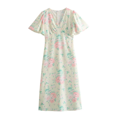 Spring Women Clothing V Neck Short Sleeve High Waist Print Dress Women by Ragazza