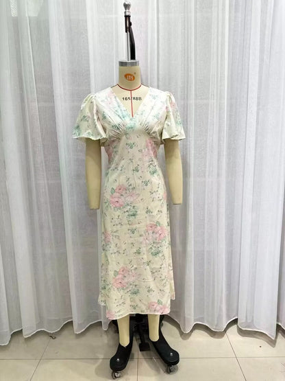 Spring Women Clothing V Neck Short Sleeve High Waist Print Dress Women by Ragazza