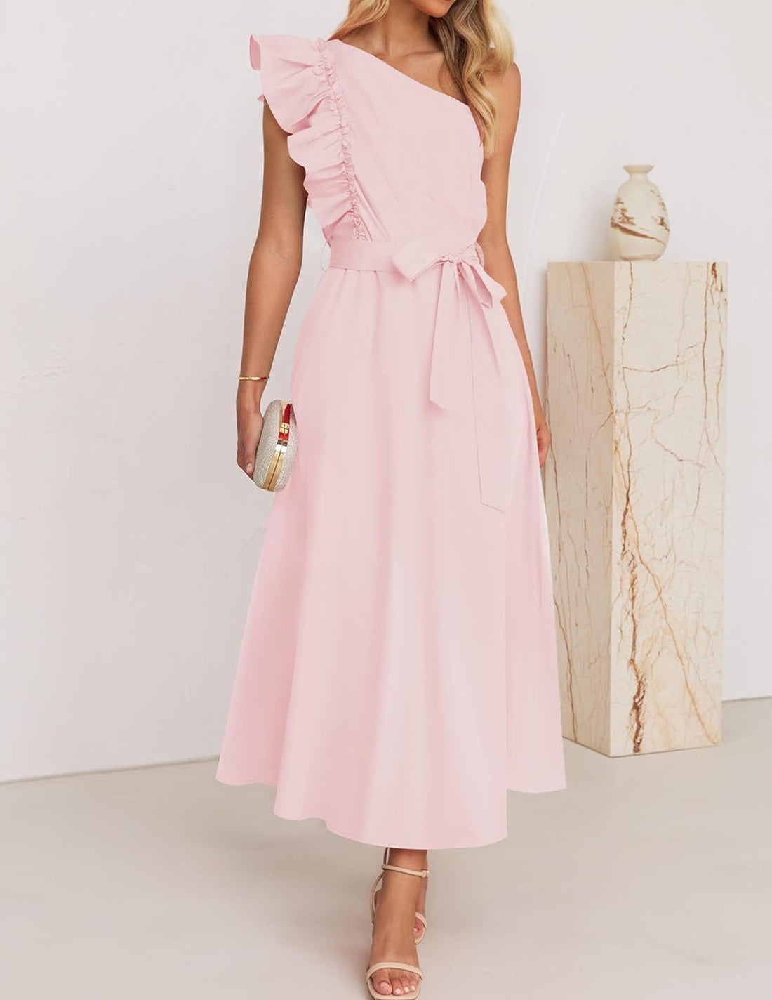 Women Maxi Dress Oblique Shoulder Wooden Ear Belt Dress Bridesmaid Toast Dress by Ragazza