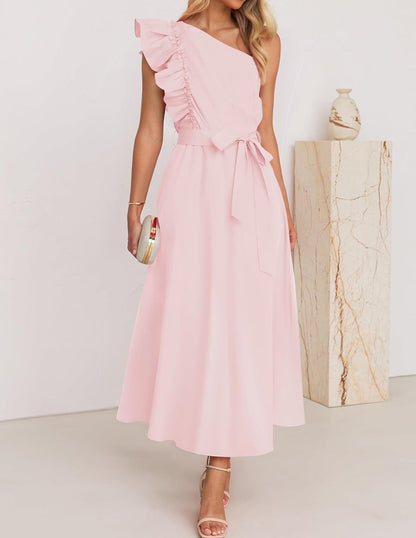 Women Maxi Dress Oblique Shoulder Wooden Ear Belt Dress Bridesmaid Toast Dress by Ragazza