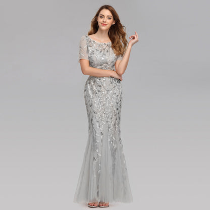 Summer Autumn Banquet Host Slim Mesh Sequ Evening Dress Fishtail Dress for Women by Ragazza