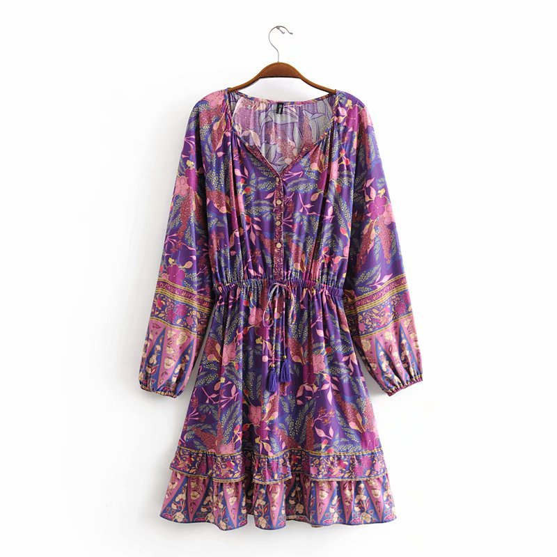 Women Rayon Positioning Tassel Copper Cylinder Elastic Waist Dress by Ragazza