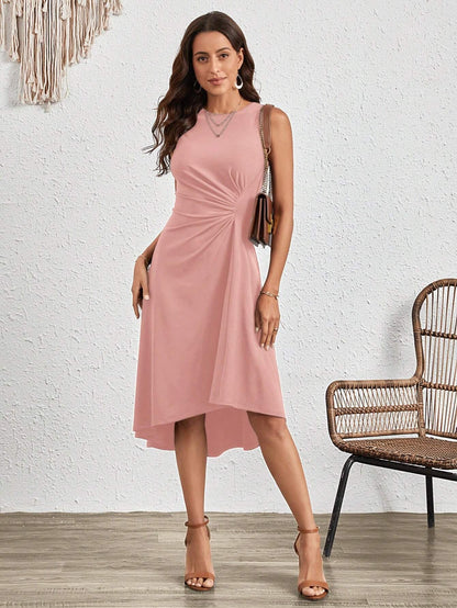 Summer Women Clothing Summer Sleeveless Solid Color A line Crumpled Medium Dress by Ragazza