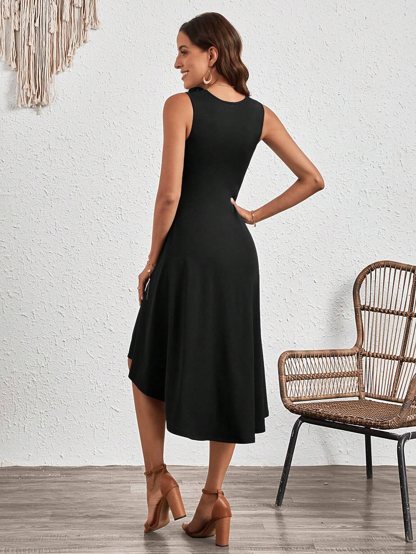 Summer Women Clothing Summer Sleeveless Solid Color A line Crumpled Medium Dress by Ragazza