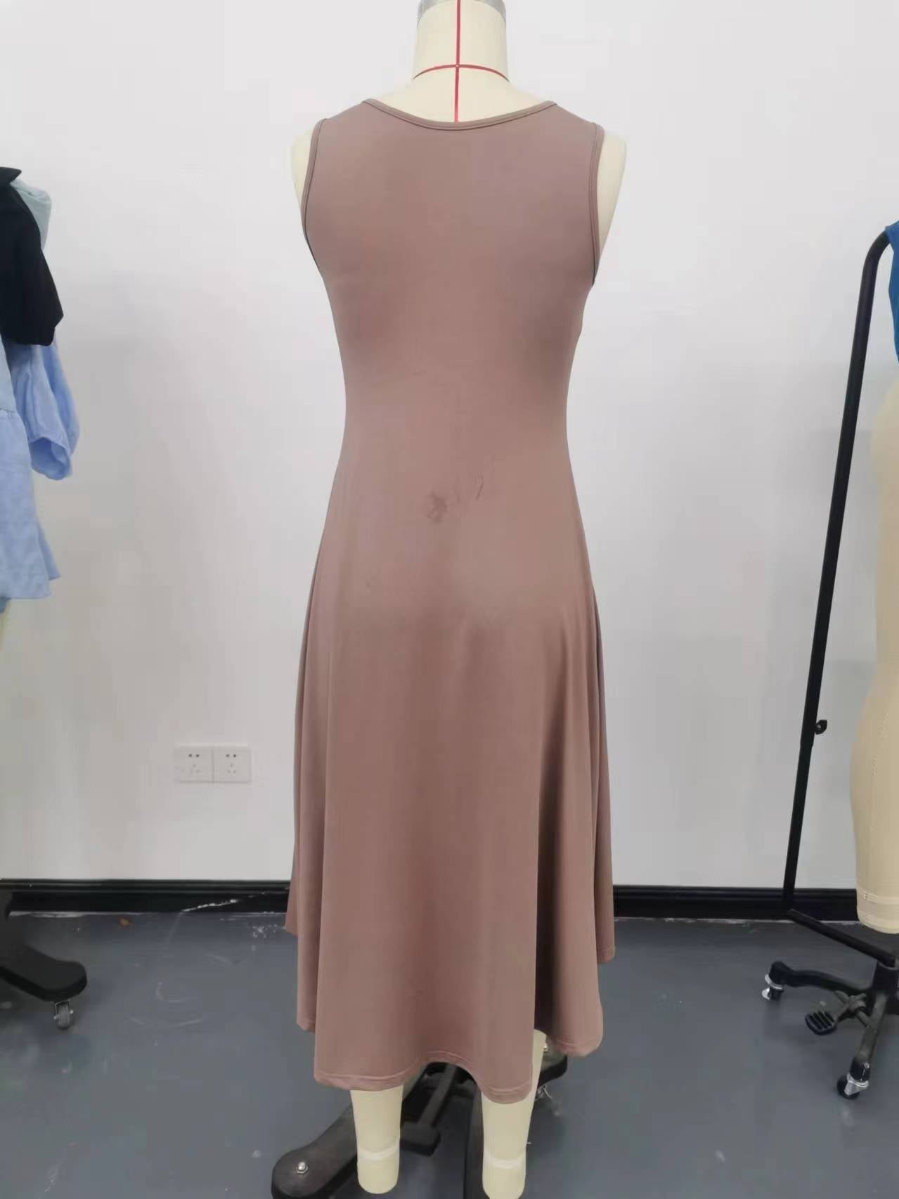 Summer Women Clothing Summer Sleeveless Solid Color A line Crumpled Medium Dress by Ragazza