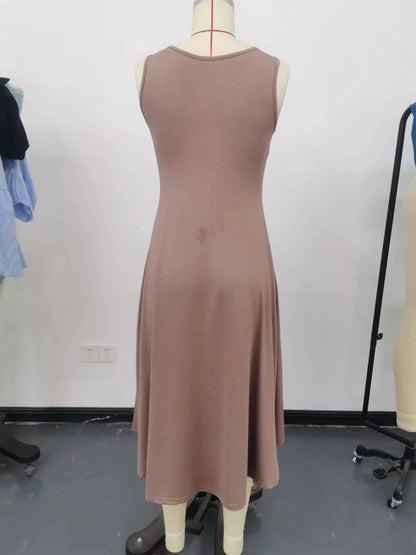 Summer Women Clothing Summer Sleeveless Solid Color A line Crumpled Medium Dress by Ragazza