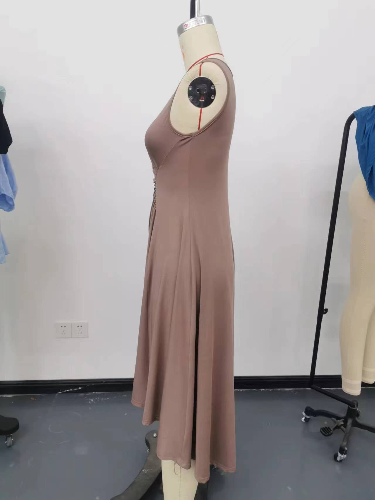 Summer Women Clothing Summer Sleeveless Solid Color A line Crumpled Medium Dress by Ragazza