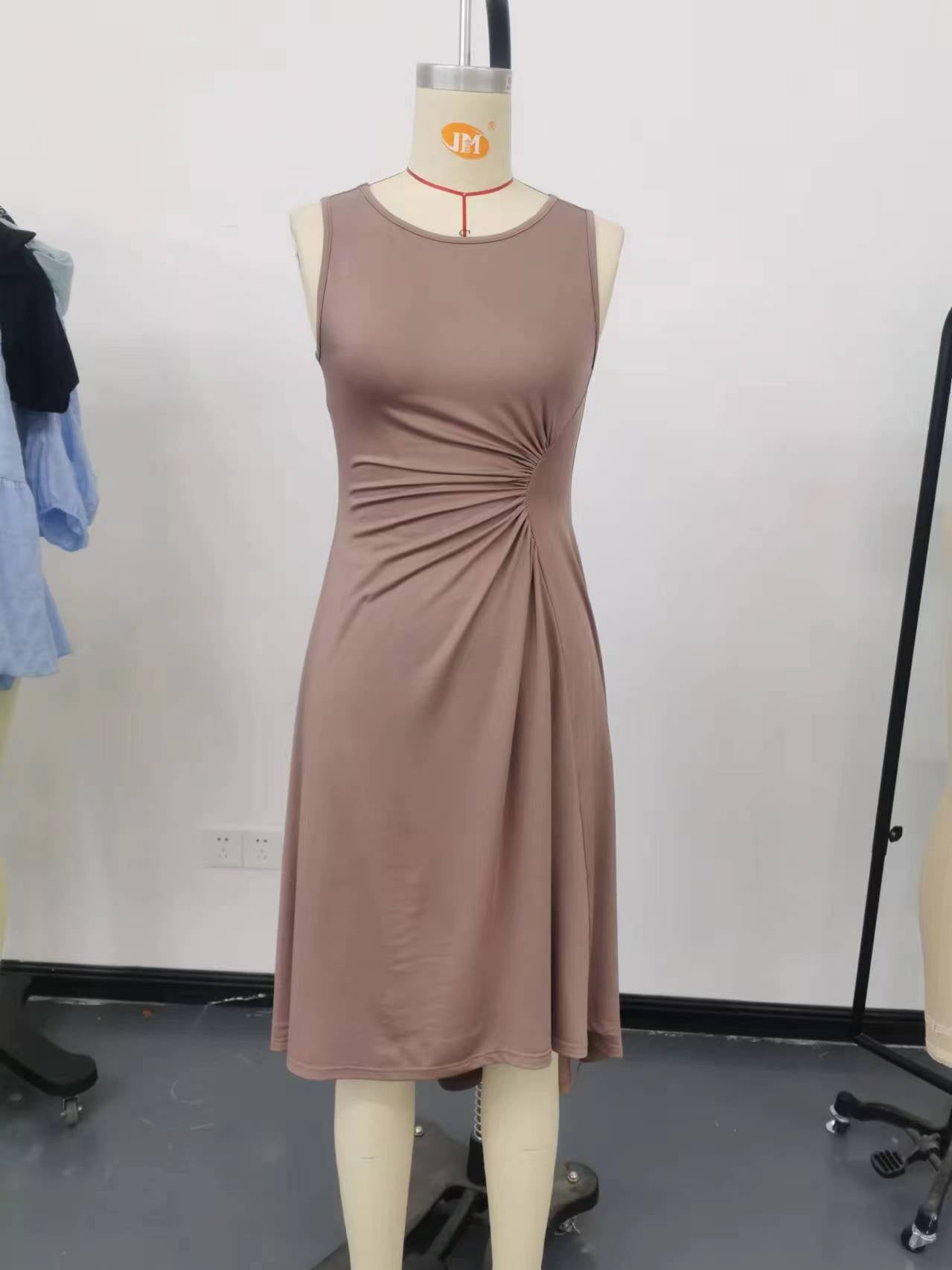 Summer Women Clothing Summer Sleeveless Solid Color A line Crumpled Medium Dress by Ragazza